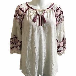 New Directions Boho Blouse Top Embroidered Aztec Print Peasant Mexican Sz Medium